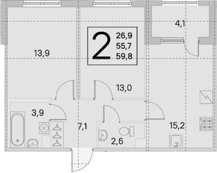 2-комнатная квартира 55.7 м², 1/5 эт., ЖК «ЮгТаун. Олимпийские кварталы»